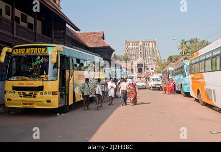 Devotees buses and cars parked in front of Anantha Padmanabha swamy Temple at Trivandrum or Thiruvananthapuram state Kerala India Stock Photo