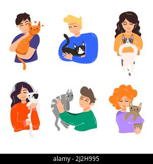 Set of people hugging their cats. Cartoon vector illustration. Men and women cuddling and caring about animals, owners holding furry pets on shoulders Stock Vector