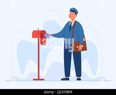 Smiling postman putting letter into mailbox. Male cartoon character in uniform with bag delivering envelope flat vector illustration. Delivery, profes Stock Vector