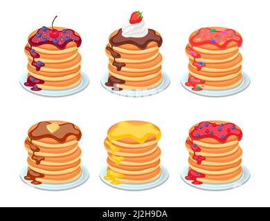 Set of tasty pancakes with different toppings. Pancakes on white plate. Baking with syrup, berries, butter or honey. Breakfast concept for banner, fly Stock Vector
