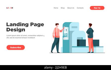 Storehouse employee operating conveyor machine. Men watching carton boxes moving on belt flat vector illustration. Logistics, shipment concept for ban Stock Vector
