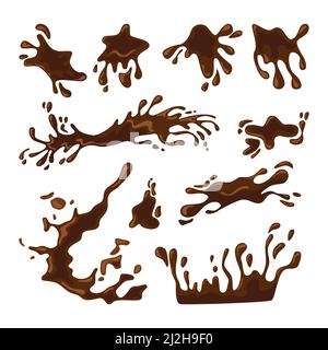 Splashes of coffee or hot chocolate vector illustrations set. Spilled drink, puddle of mud, liquid or fluid texture, splatter of brown paint isolated Stock Vector