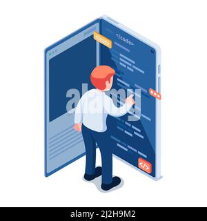 Flat 3d Isometric Businessman Editing Code Behind Social Media. Backend Developer Concept Stock Vector