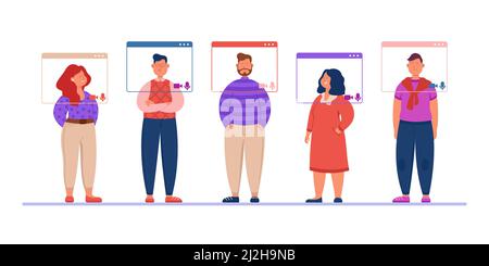 Team of office people on virtual meeting. Men and women in digital windows with audio and camera having online video conference flat vector illustrati Stock Vector