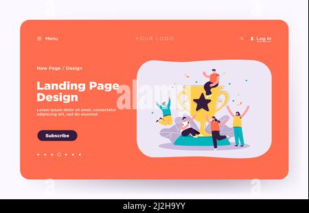 Tiny happy winners near big golden cup flat vector illustration. Cartoon team of champions winning award and celebrating victory. Mission success and Stock Vector