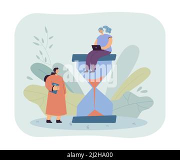 Tiny girl sitting on hourglass with laptop. Female surfing internet, teacher or mother waiting flat vector illustration. Education, leisure, time mana Stock Vector