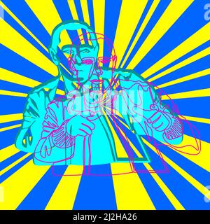 President of Russia with fingers folded like a gun. Vladimir Putin continuous line pop art style poster on the background of rays in the colors of the Stock Vector