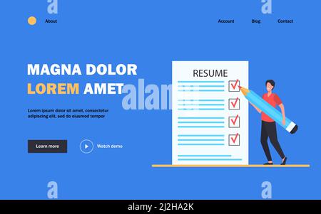 Tiny man preparing resume for new work search. Job, pencil, vacancy flat vector illustration. Occupation and hiring concept for banner, website design Stock Vector