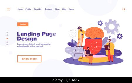 Tiny people learning artificial intelligence flat vector illustration. Cartoon scientists standing near giant brain with neural network. Data science, Stock Vector