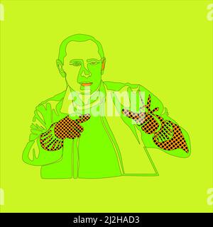 Poster with a portrait of Russian President. Vladimir Putin with fingers folded like a gun on the green background colors pop art style vector illustr Stock Vector