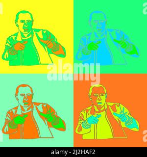 Poster with a portrait of Russian President. Vladimir Putin wearing leather jacket with fingers folded like a gun pop art style in four different colo Stock Vector