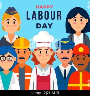 labour day flat design illustration with A group of people of different professions Stock Vector