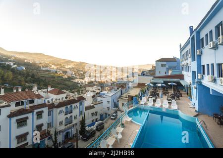 Morocco, Chefchaouen, High angle view of holiday villas Stock Photo