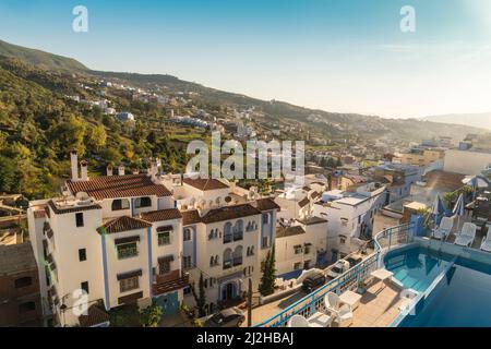 Morocco, Chefchaouen, High angle view of houses on hillside Stock Photo