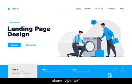 Two repairmen fixing washing machine. Handymen, mentor and intern with tools flat vector illustration. Home appliance repair service concept for banne Stock Vector