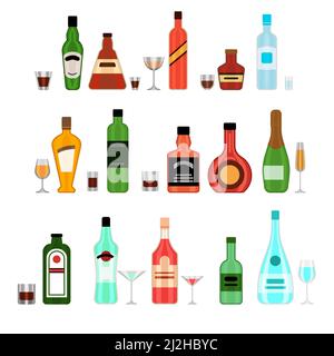 Various alcohol bottles with glasses cartoon illustration set. Liquor, wine, beer, soda, whiskey, rum and water flat vector illustration collection. A Stock Vector