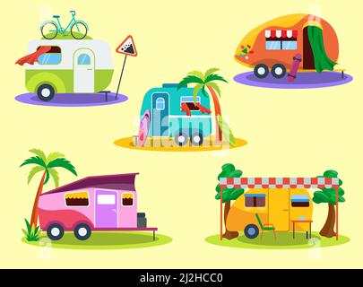 Vintage camper vans flat vector illustrations set. Different caravans, trailers or RVs for family holiday, campsite, home on wheels isolated on yellow Stock Vector