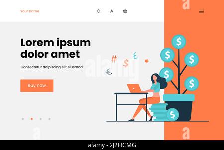 Woman investing money. Investor using computer, growing cash tree flat vector illustration. Trading, finance, investment concept for banner, website d Stock Vector