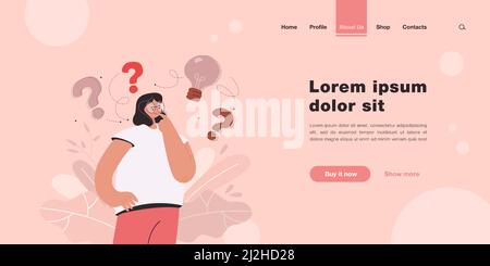 Woman thinking about idea flat vector illustration. Cartoon female character with questions marks and light bulb above head wondering. Business soluti Stock Vector