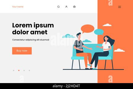 Young couple arguing at home. Man and woman sitting on couch and talking flat vector illustration. Conflict, relationship, communication concept for b Stock Vector