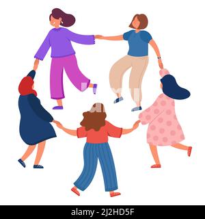 Women leading round dance on white background. Flat vector illustration. Girls with different colors of hair and clothes moving in circle together, ho Stock Vector