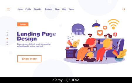 Addicted family using digital gadgets for chatting on social media. Parents and kid using smartphone, laptop, tablet at home. Vector illustration for Stock Vector