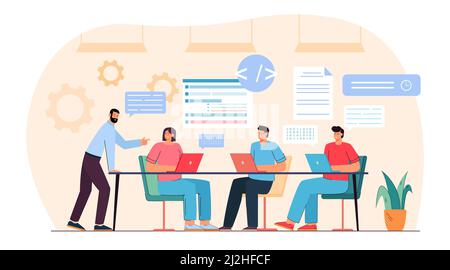 Team of programmers working on program code with laptops. Teamwork of male and female professional testers and coders flat vector illustration. Softwa Stock Vector