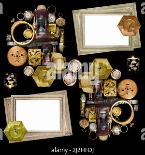 Seamless pattern of old watches and empty frames on a black background Stock Photo