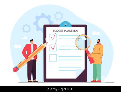 Tiny cartoon business partners planning budget. Businessmen analyzing document, financial management flat vector illustration. Finances, budget concep Stock Vector