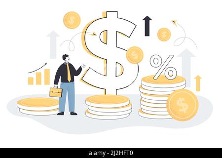Tiny male character on dollar coins, arrows and percentage background. Money value level recession and price increase process flat vector illustration Stock Vector