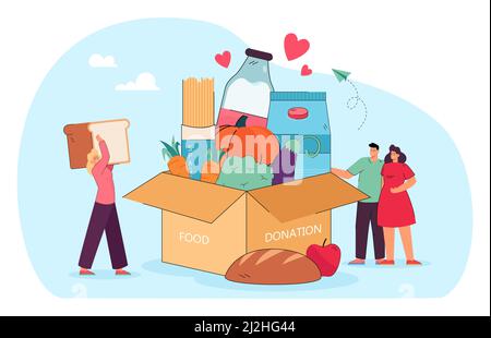 Tiny people standing near box of donation food for delivery. Volunteers giving healthy grocery goods to charity flat vector illustration. Social suppo Stock Vector