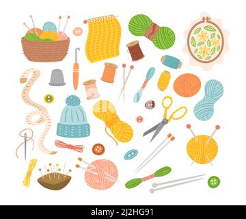 Tools for knitting and sewing flat vector illustrations set. Accessories for needlework: wool threads, scissors, needles, yarn balls, crochet isolated Stock Vector
