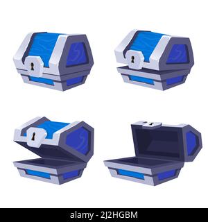 Treasure chest opening animation set. Vector illustrations of empty blue metal box with lock. Cartoon game trunk or safe for pirate money isolated on Stock Vector