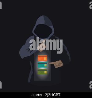 A thief in a black hoodie is pointing his finger at a credit card. with black background Stock Vector