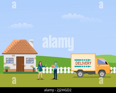 male delivery man delivering goods to female customers at home with mountains and sky in the background Stock Vector
