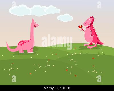 Pink dinosaur giving flowers to a female dinosaur on a meadow with sky in the background. Stock Vector