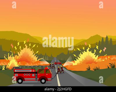 Firefighters spraying water from fire trucks to extinguish forest fires with mountains and yellow sky in the background. Stock Vector