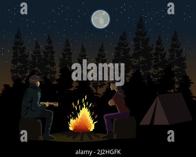 Man playing guitar to woman in front of a campfire with shadows of pine forest and moon in the background. Stock Vector