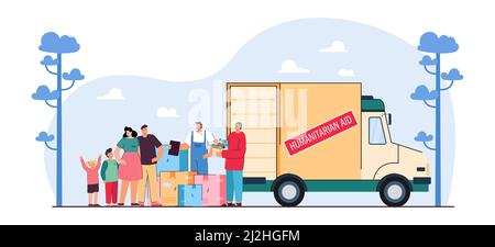 Volunteers and family next to humanitarian aid van. People giving boxes with food to refugees flat vector illustration. Charity, support, assistance c Stock Vector