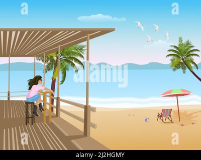 Woman sitting in a bamboo cafe on a beach by the sea with sea and sky in the background. Stock Vector