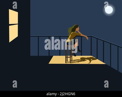 woman sitting on the balcony looking at the moon There was a light shining from the rear window. Stock Vector