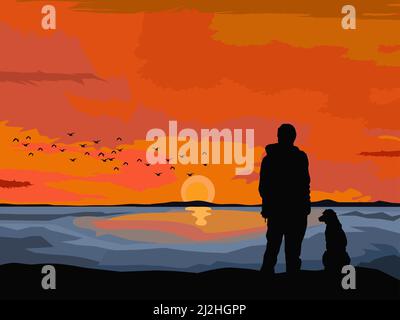 silhouette of a man and a dog standing on the rocks by the sea with the sun set in the background Stock Vector