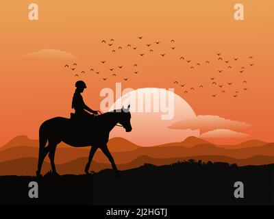 Silhouette of a woman riding a horse on top of a mountain with sunset in the background. Stock Vector