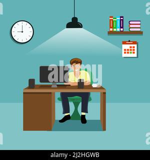 Man looking at computer on wooden table with blue wall, lamp, clock, bookshelf, books as background. Stock Vector
