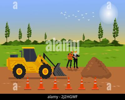 The tractor is grading to make the road. Two  construction supervisor are working on the road. with  fields and sky in the background Stock Vector