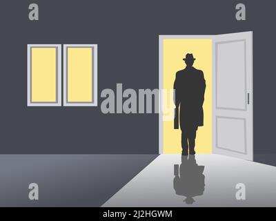black silhouette of a business man walking out the door. outside the door is yellow Stock Vector