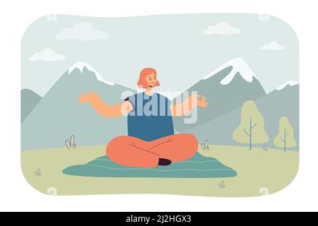 Woman practicing yoga in mountains. Female character enjoying nature and doing sport on mat flat vector illustration. Healthy lifestyle, meditation co Stock Vector