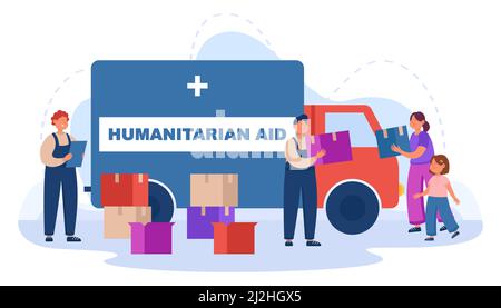 Volunteers giving boxes with humanitarian aid to poor people. Male characters standing with help boxes near van flat vector illustration. Charity foun Stock Vector
