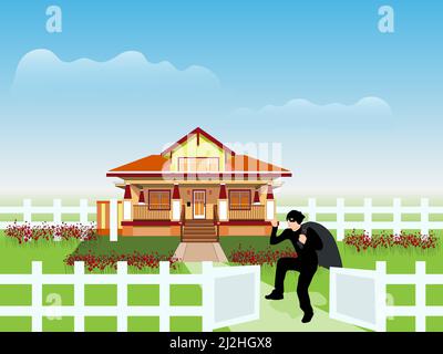 Stealing a black dress carrying a sling bag that he stole with houses and sky in the background Stock Vector