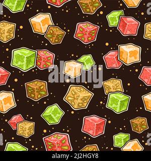 Vector Turkish Lokum seamless pattern, square repeating background with set of cut out illustrations variety colorful lebanese delicacy lokum in cubes Stock Vector